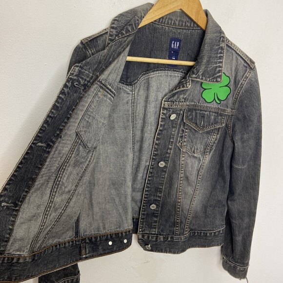 Gap Woman L Black Denim Girl Pwr Drinking Patches Jacket Irish Grunge Biker - Picture 8 of 9